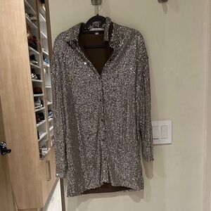 Gold Tone Sequin Button-Up Shirt/Dress